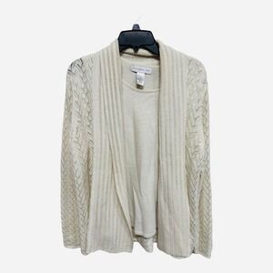 Susan Graver Vintage Shimmer Cream Colored Sweater Knit Tank Cardigan Set Medium